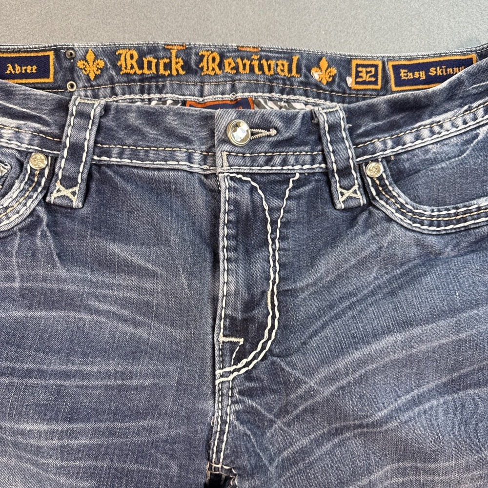 Rock Revival Abree Easy Skinny Jeans womens 33x31 THICK STITCH WHISKERING - Picture 5 of 10